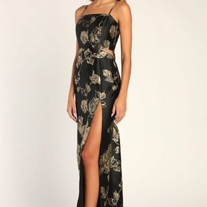 LULUS Charming Beauty Black Floral Jacquard Sleeveless Maxi Dress